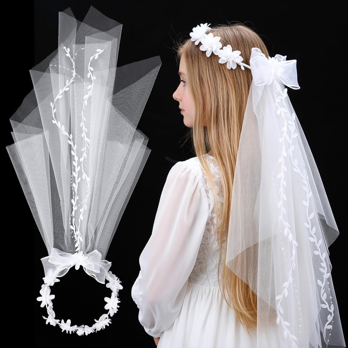 Floral Hoofdband met Sluiers voor Communie Meisjes, Witte Bloemen en Parels, Perfect voor Bruiloften en Speciale Gelegenheden