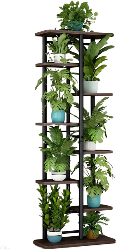 Bloemenstandaard - Voor Binnen, Terras, Balkon & Tuin - Hoge Plantenhouder met Antislip Hoek - Metaal met Houten Versterkte Basis - 8 Tier