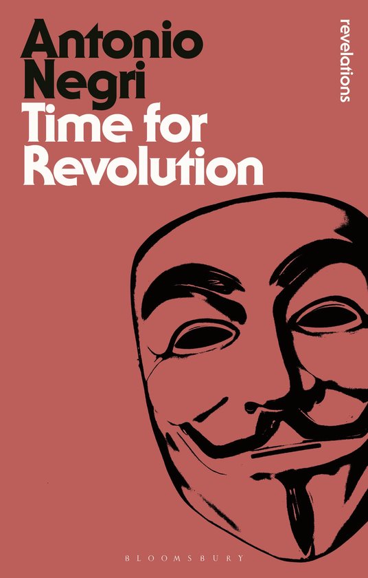 Boekomslag met de titel 'Time for Revolution' van Antonio Negri en een Guy Fawkes masker op een rode achtergrond.