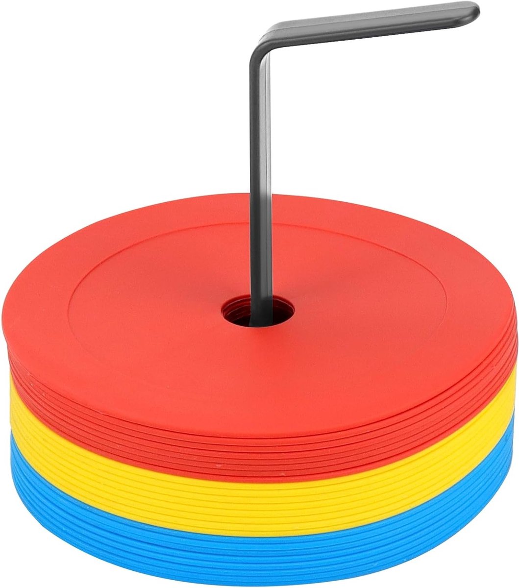 Set van 24 Markerplaten van 15 cm met Organizer Houder voor Sporttraining - Veldmarkering, Floor Marking, Trainingsaccessoires voor Voetbal, Basketbal en Handbal - Oranje Geel Blauw