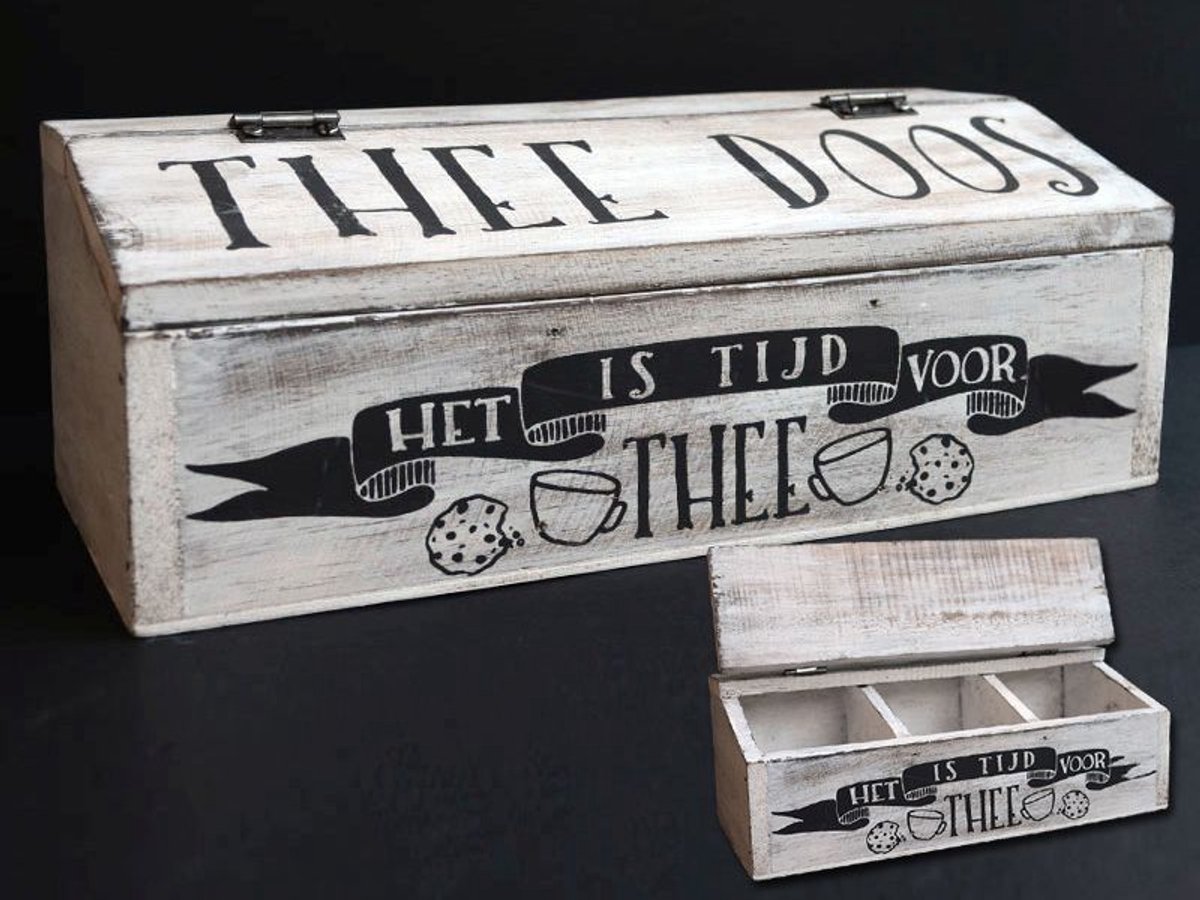 Woodart Houten Theedoos Antique White – Theekist 27 cm – Decoratieve Opbergdoos voor Thee – Keuken & Woondecoratie