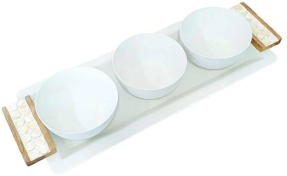 AULICA - Aperitief set van 3 kommen op wit en hout vergulde plank - 33x14cm