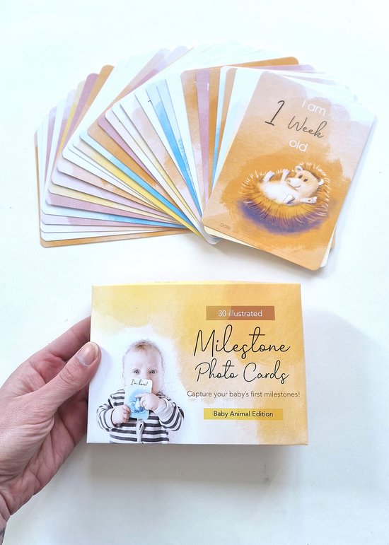 30 Baby Milestone Photo Cards - for Baby's first year - Happy Baby Animal theme - unisex Babyshower gift - A6 size — afbeelding 2