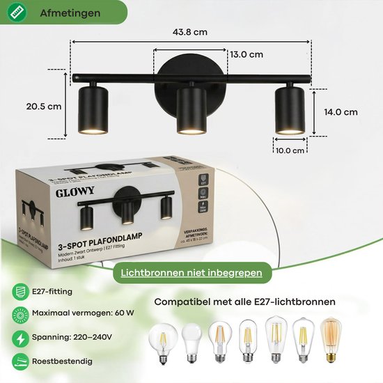 Lampe de salle de bain Glowy Noire - Éclairage de miroir de salle de bain 3 lumières - Applique murale au-dessus du miroir - Industrielle & Moderne - Noir mat - 44 cm