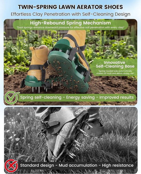 Beluchtingsschoenen voor gazon - dubbele veerbasis - met spikes voor gazonbeluchting in tuin en erf - groen — afbeelding 3