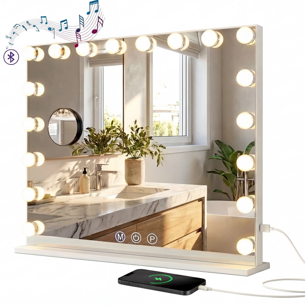 Bayt Hollywood Spiegel - Make up Spiegel - Spiegel - Hollywood Spiegel 80x60 - Dimbaar - 10x Vergroting - Met Verlichting en Bluetooth - 80x60 - Wit