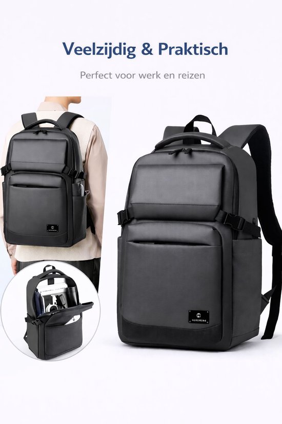 Nexusbag Moderne Laptop Rugzak zwart - met Laptopvak - 15.6 Inch - Waterdicht met USB Oplaadpoort - rugzak reizen - rugzakken - rugtas met laptopvak