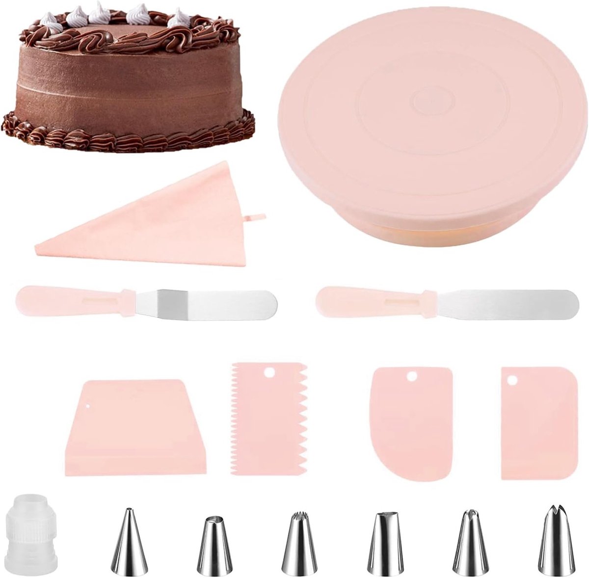 Draaitafel voor Taarten met 14 Accessoires, Inclusief Spatula, Decoratie en Scrapers voor Perfecte Taartpresentatie