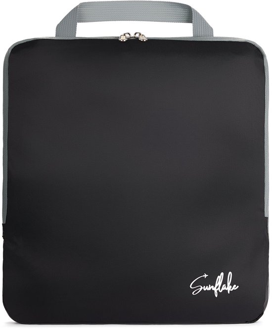 Een zwarte Sunflake packing cube met grijze randen en handvat, met het Sunflake logo in het midden.