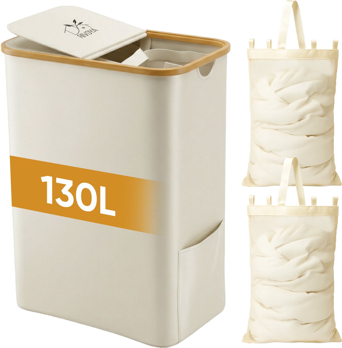 Rivoya Wasmand 2 Vakken - Wassorteerder - 130L - Met 2 Uitneembare Zakken - Wasmand met deksel - Laundry basket - Waszak - Beige - Knopen