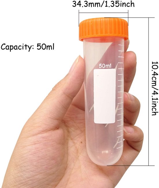 Centrifugebuisjes Kunststof - Laboratoriumbuisjes PP - Monsters Opslaan - Ronde Bodem - 50 ml 10 stuks - Oranje deksel — afbeelding 4