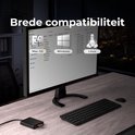Bureau met monitor, toetsenbord en Toveca kaartlezer. Monitor toont bestandsbeheer in Windows, MacOS en Linux.
