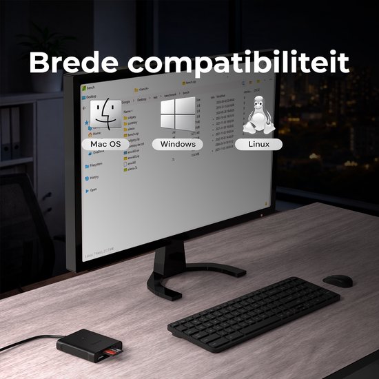 Bureau met monitor, toetsenbord en Toveca kaartlezer. Monitor toont bestandsbeheer in Windows, MacOS en Linux.