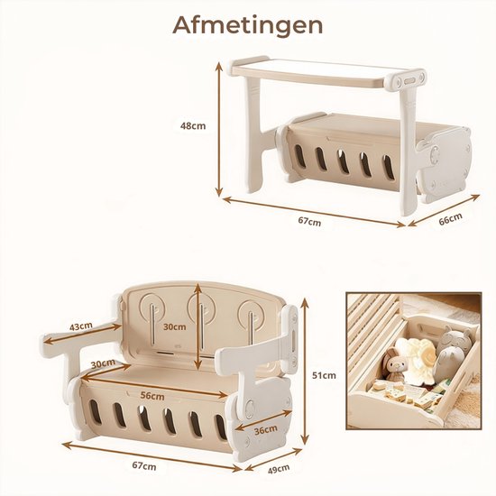 Afmetingen van beige kinderbureau in bureau- en bankmodus, met gedetailleerde maten en close-up van opbergruimte.