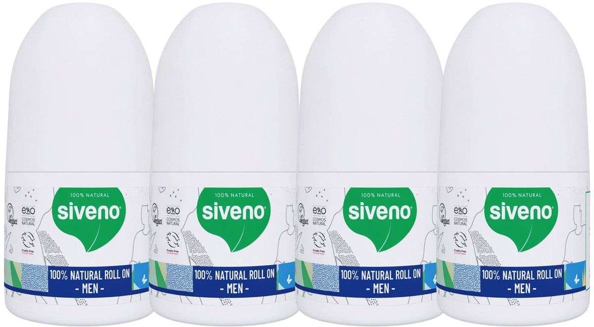 Siveno Natuurlijke Roll-On Deodorant voor Mannen – Vegan & Aluminiumvrij – Voordeelverpakking 4 Stuks