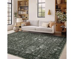 Vintage woonkamerkleed, wasbaar, zacht, antislip, groot, kortpolig kleed voor slaapkamer, eetkamer of kantoor, Donkergroen, 160x230 cm