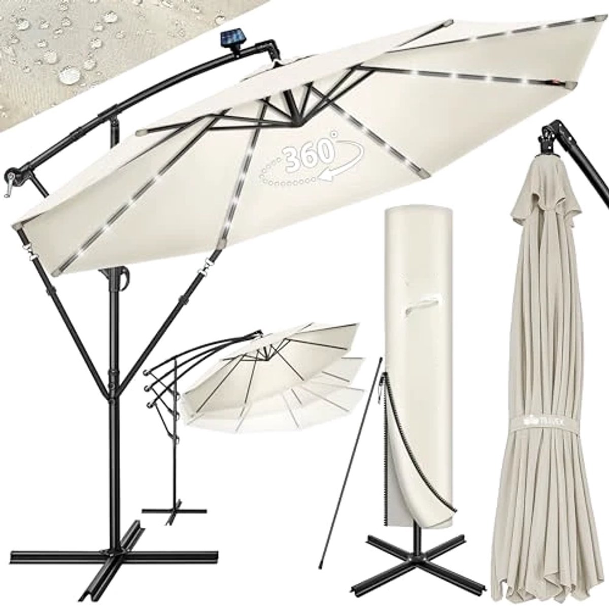 Zweefparasol met LED-verlichting en zonneklep - Ø 350 cm - Beige
