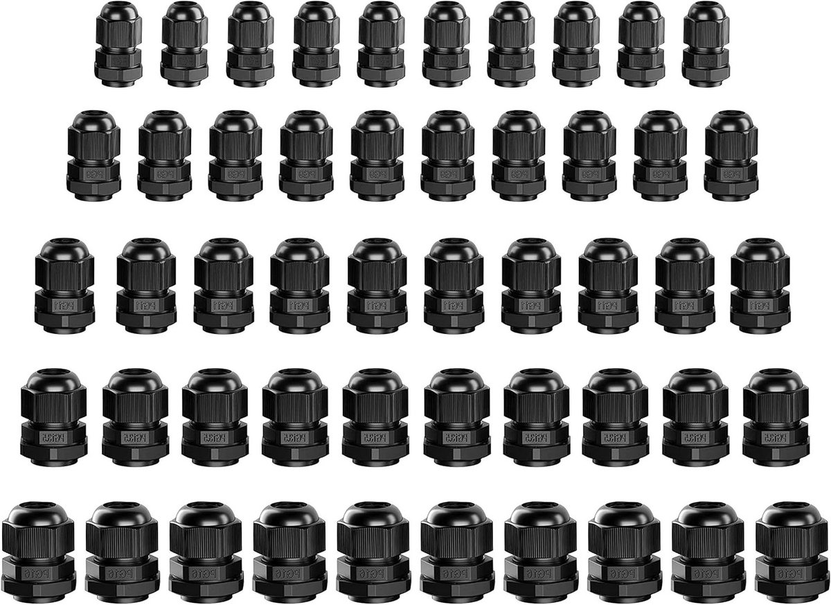 Waterdichte kabelschroefconnectoren, verstelbare kabelverbindingen, PG7, PG9, PG11, PG13.5, PG16, zwart nylon, plastic kabeldoorvoeren, set van 50, voor elektrische toepassingen en buitengebruik
