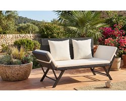 Luxury 2-in-1 Poly Rattan Garden Bench & Sun Lounger 176 cm with Cushions – Adjustable Balcony Bench / Lounger Black-White 130x70.1x80 cm – Casa Dorada