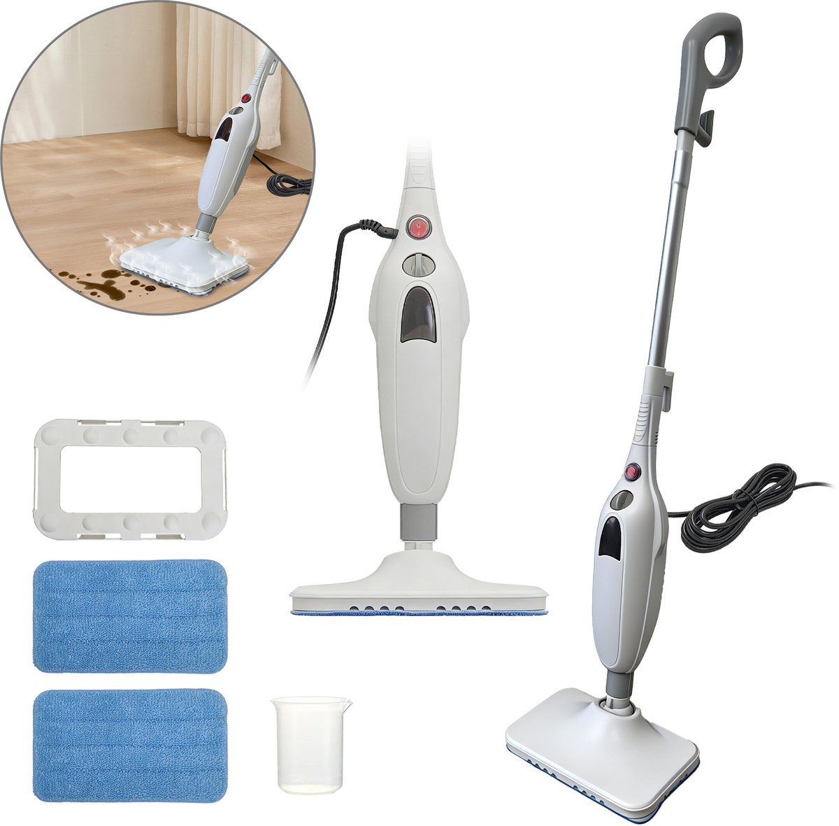 Stoommop met 2 wasbare pads, stoomreiniging, zwenkbesturing, lichtgewicht, stoomreiniger voor verzegelde harde vloeren, parket, marmer en tegels