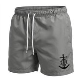 Grijze zwembroek heren met anker print – heren zwem short met elastische tailleband en wit trekkoord – korte strand zwembroek met mesh voering en zijzakken – effen grijze zwem short voor strand, zwemmen en vakantie – maat S