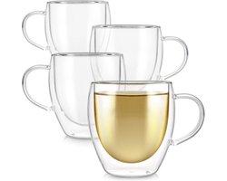 Teabloom Dubbelwandige Kopjes – 250 ml – Set van 4 Geïsoleerde Glazen Kopjes voor Thee, Koffie, Espresso en Meer