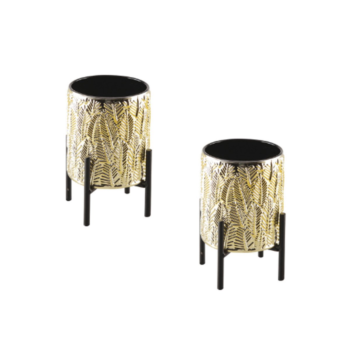 AULICA - Set Kandelaar bladeren op voet- GOUD/ZWART - 9,5x9.5x12.5cm - set 2 stuks