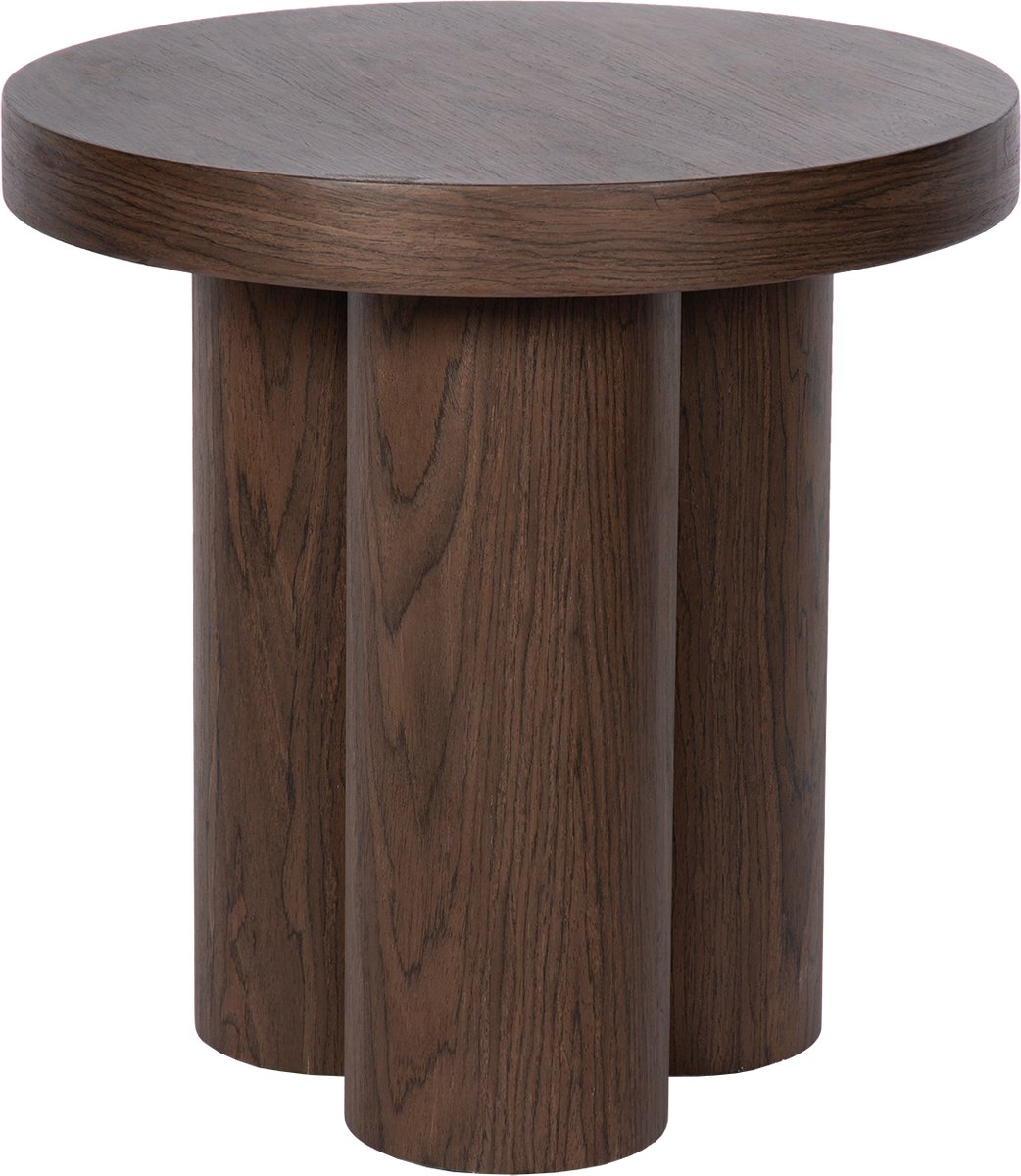 Atmooz Burnham Bijzettafel – Ø50 x H51 cm – Donker Walnoot – Houtlook Eikenfineer – Ronde Side Table – Modern Design met 3 Cilinderpoten – Luxe Koffietafel Woonkamer – Salontafel Set – Bruin