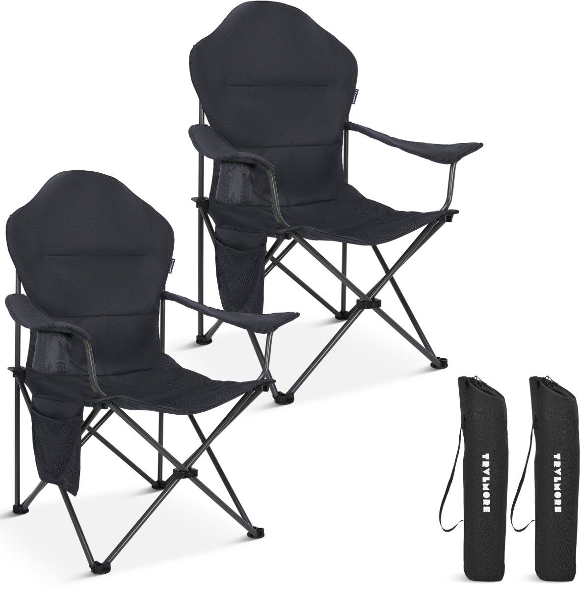 TRVLMORE Campingstoelen XXL - Opvouwbaar - 2-Pack - 160KG Draagvermogen - Incl. Draagtas - Klapstoel - Visstoel - Kampeerstoel - Vouwstoel - Grijs