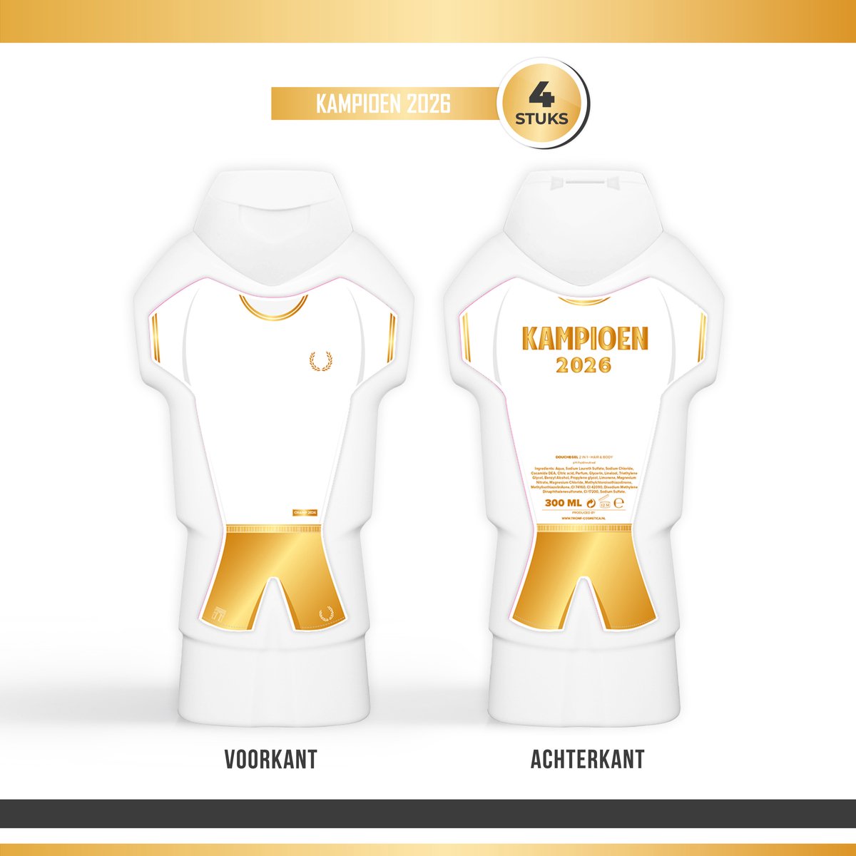 Douchegel "Kampioen 2026" - 4 stuks - | Showergel Sport - Voetbal - Hockey - Volleybal - Korfbal - Rugby - IJshockey - 1ste Plaats - Prijs - Winnaar - Toernooi - Cadeau - Klein Cadeautje Landskampioen - Tenue fles Champ - Shirt Wit Goud