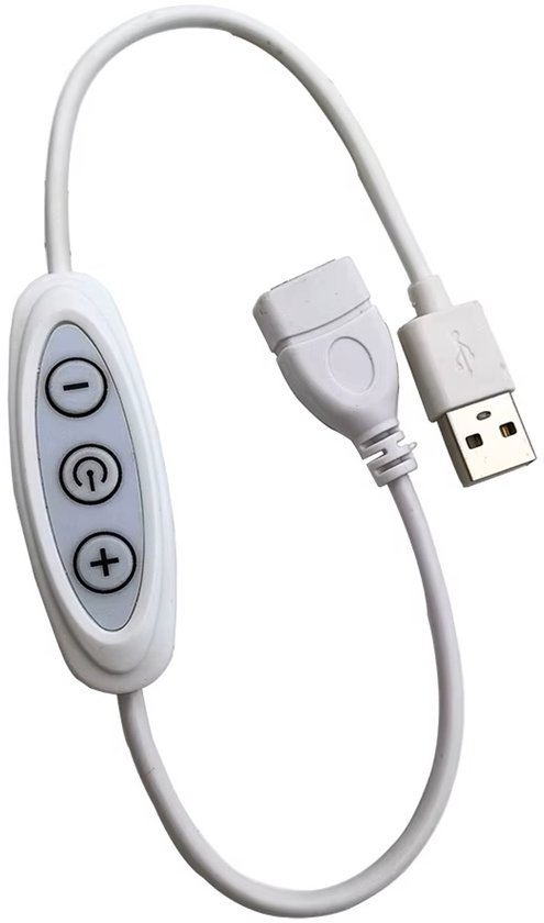 Witte USB-dimmer met aan/uit-knop, plus en min knoppen voor helderheidsaanpassing.