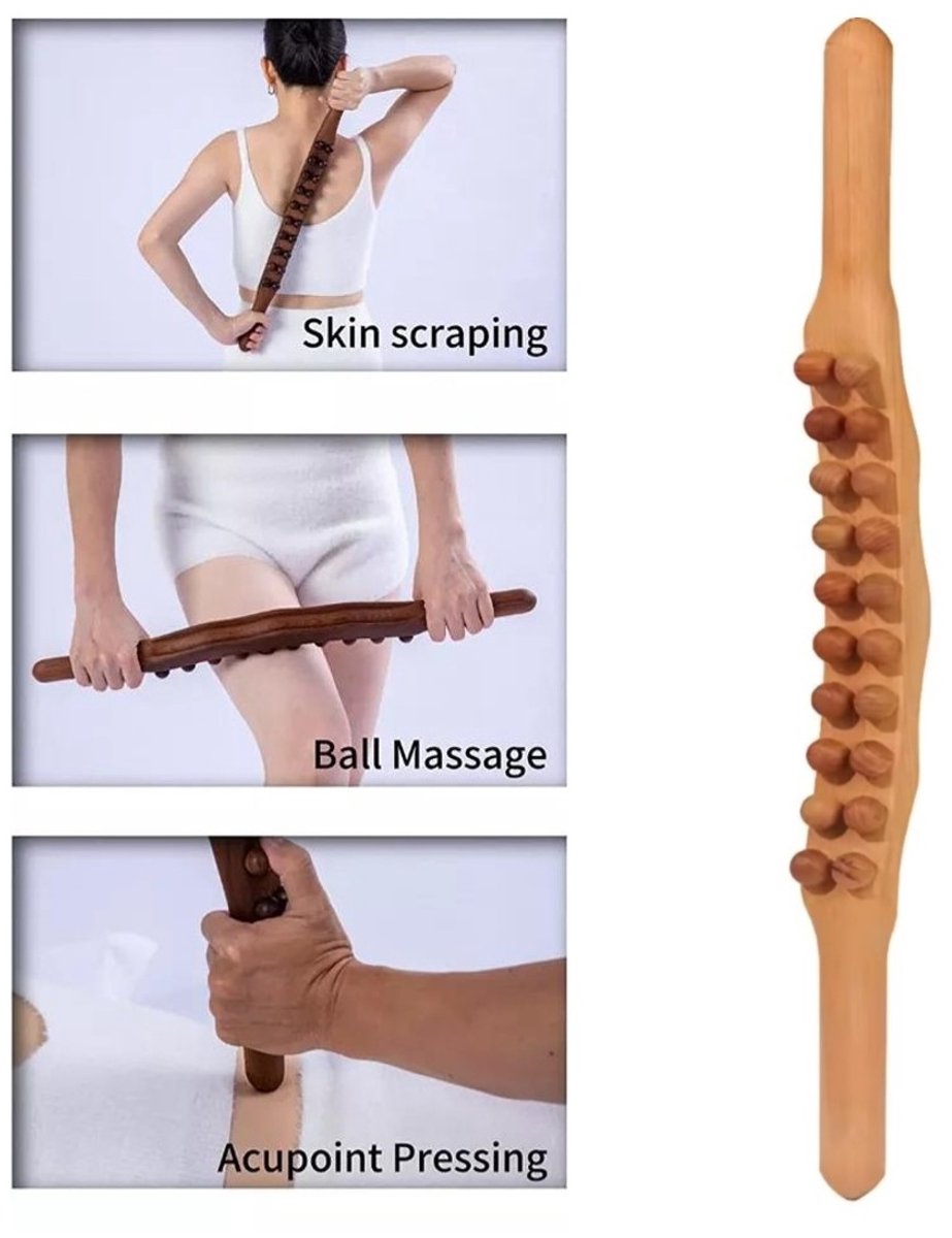 Massage - Massage Apparaat - Voor Rug, Nek, Schouder, Buik, Taille, Armen, Benen, etc. - Massage Stok Hout - Houten Massage Stok - Massage Stok Hout XL - 20 Massage Ballen - Gua Sha Massage Stick - 1 Stuk - Hout Kleur