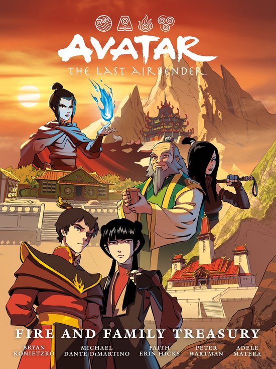 Avatar: The Last Airbender - Fire and Family Treasury met Azula, Zuko, Iroh, Katara en Aang in een berglandschap met traditionele architectuur.