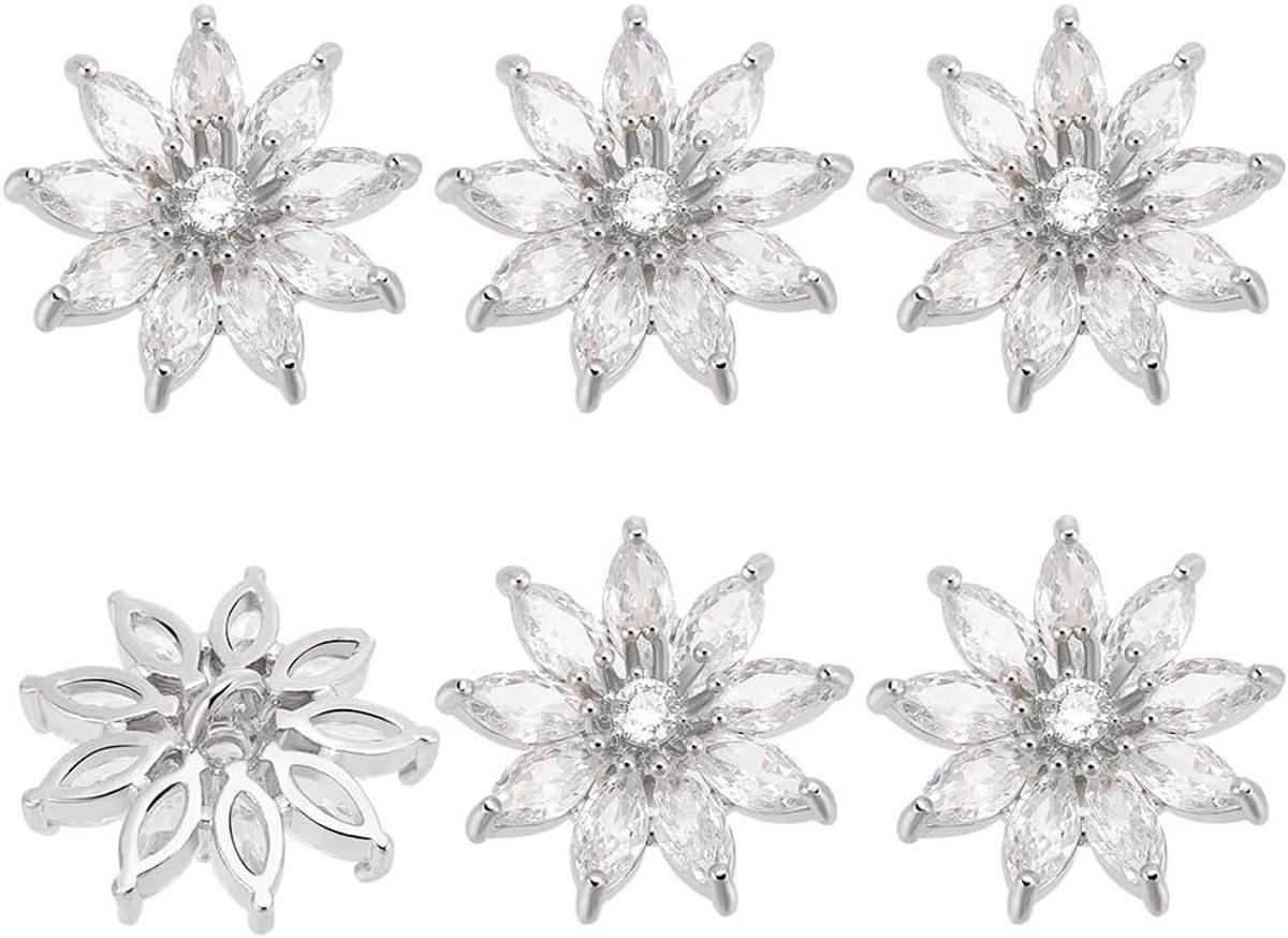 6 Stuks Bloemvormige Kristallen Knopen 17.5mm - Zirkonia Zilveren Strass met 1 Gat - Platina Legering voor Naaiwerk - Duidelijke Zirkonia voor Creatieve Projecten