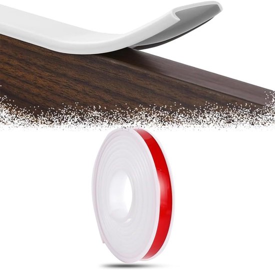 Witte U-vormige randstrip met rode tape, bevestigd aan een houten meubelrand, met een rol van de strip.