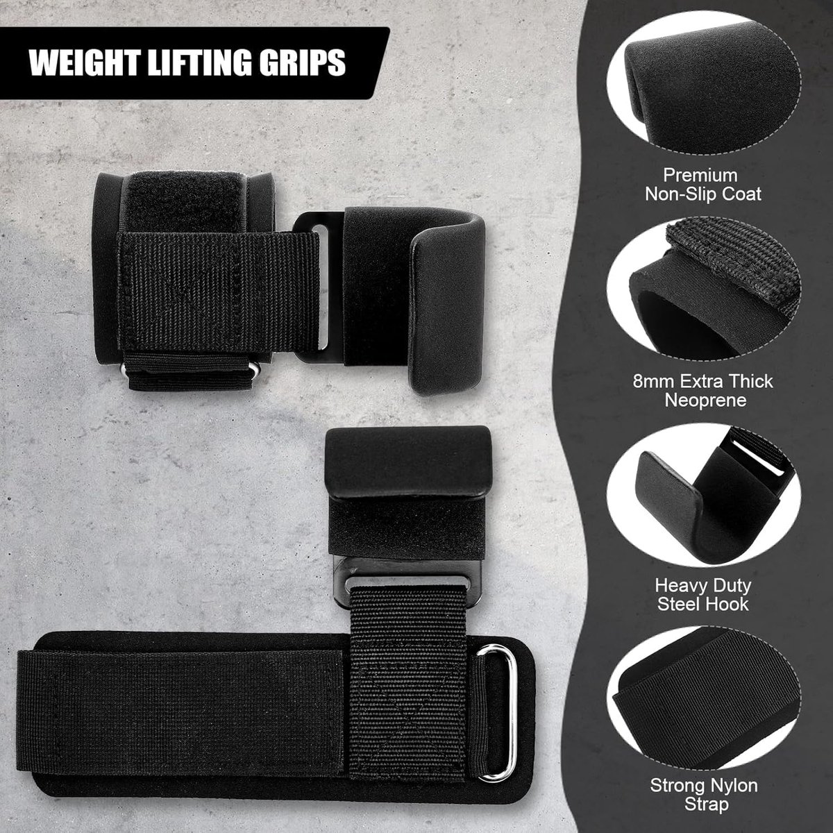 2 Gewichten Polsbanden met Haakjes - Gewichtheffen - Spiertraining - Deadlifts - Pull-Ups - Dumbbells - Unisex Zwart – foto 4