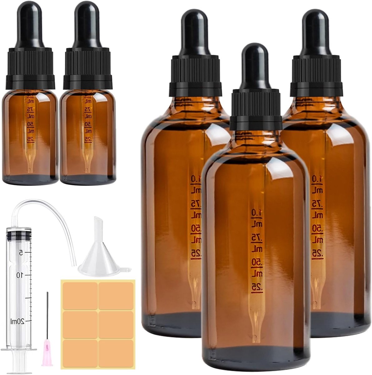 Set van 2 Bruine Glazen Flessen met Pipet en Accessoires, Inclusief Trechter en Spuit, Perfect voor Essentiële Olie en DIY Projecten