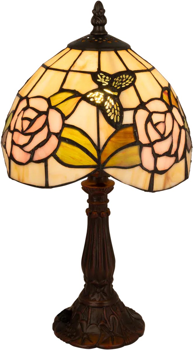 Tiffany tafellamp bloemen en vlinder – warm licht – Ø 20 cm – H 33 cm