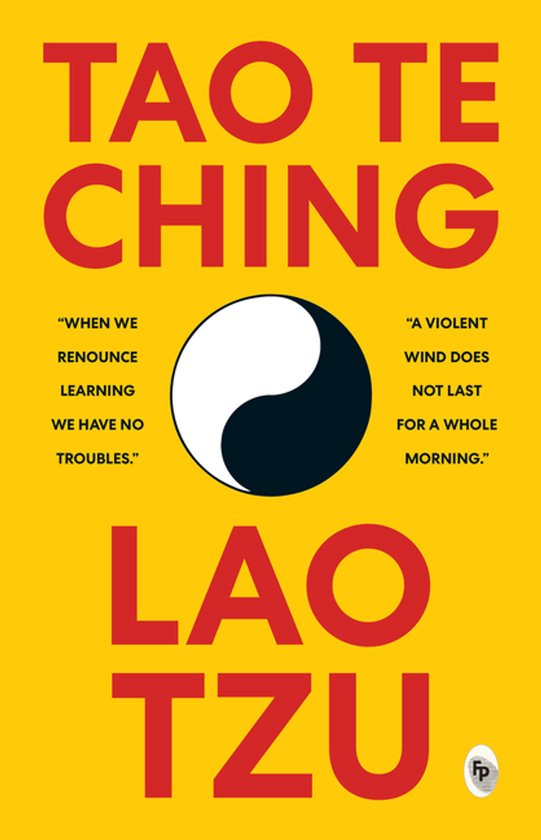 Boek: Tao Te Ching van Lao Tzu op een gele achtergrond met rode letters en een Yin Yang symbool.
