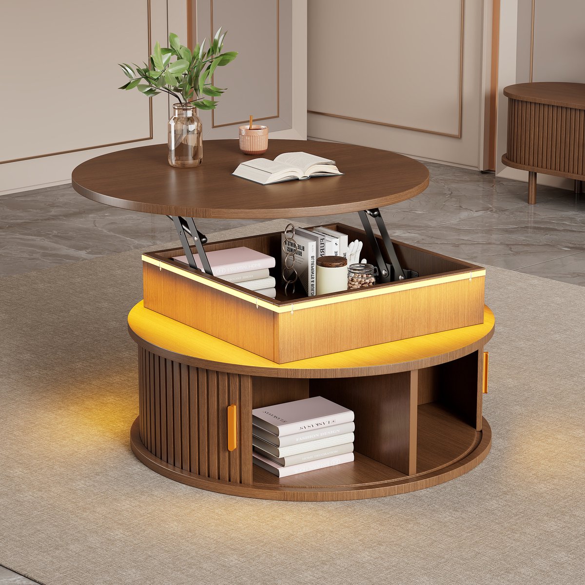 MODENUIT Salontafel - Hoogteverstelbaar Met Led En Opbergruimte - Voor Woonkamer - MDF Walnootkleur - 75x75x52 Cm