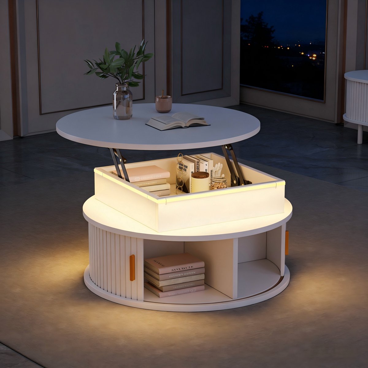 MODENUIT Salontafel - Hoogteverstelbaar Met Led En Opbergruimte - Voor Woonkamer - MDF Wit - 75x75x52 Cm