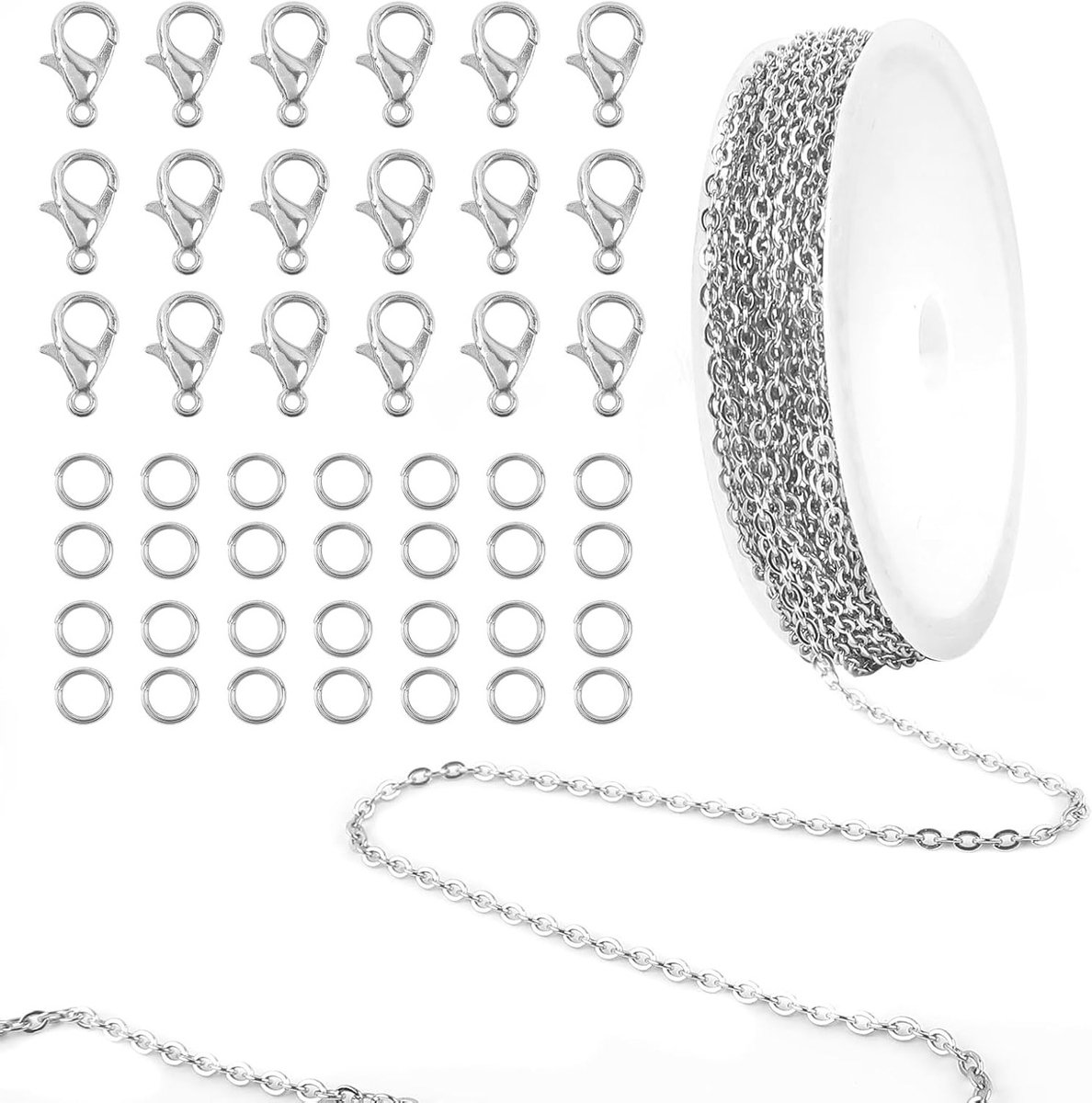 5 meter RVS schakelkettinkje met 20 kreeftsluitingen en 50 buigringen voor sieraden maken