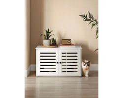 uJOY Kattenbak meubel - Wit - Met 2 lattenbodemdeuren - Kattenbak ombouw - Kattenbak kast - Sterk en duurzaam - Landelijke huisstijl