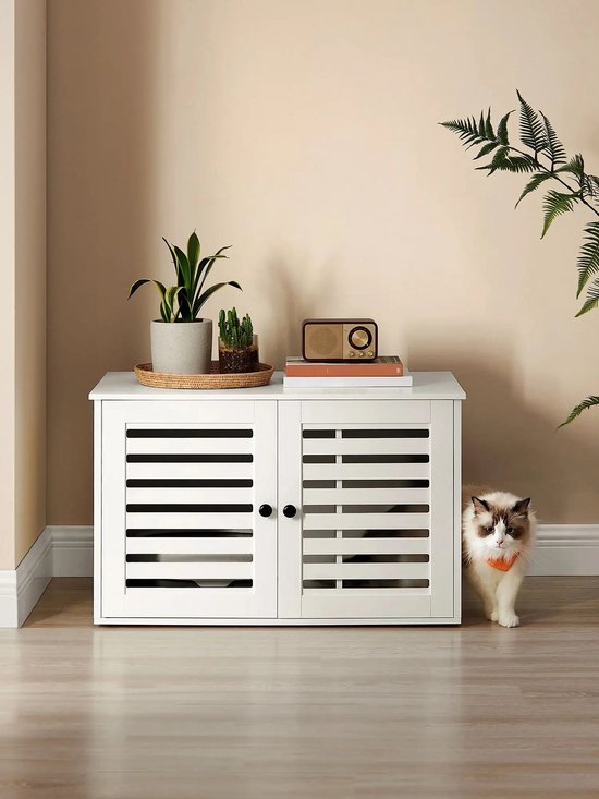 uJOY Kattenbak meubel - Wit - Stijlvolle Ombouw - Kattenbak kast met deuren - Minder geur & past in interieur - Verbergt kattenbak