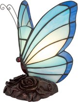 Tiffany tafellamp Vlinder - Blauw - H 24 cm - Glas in lood - Decoratieve figuurlamp - Warm licht | RORUVERA