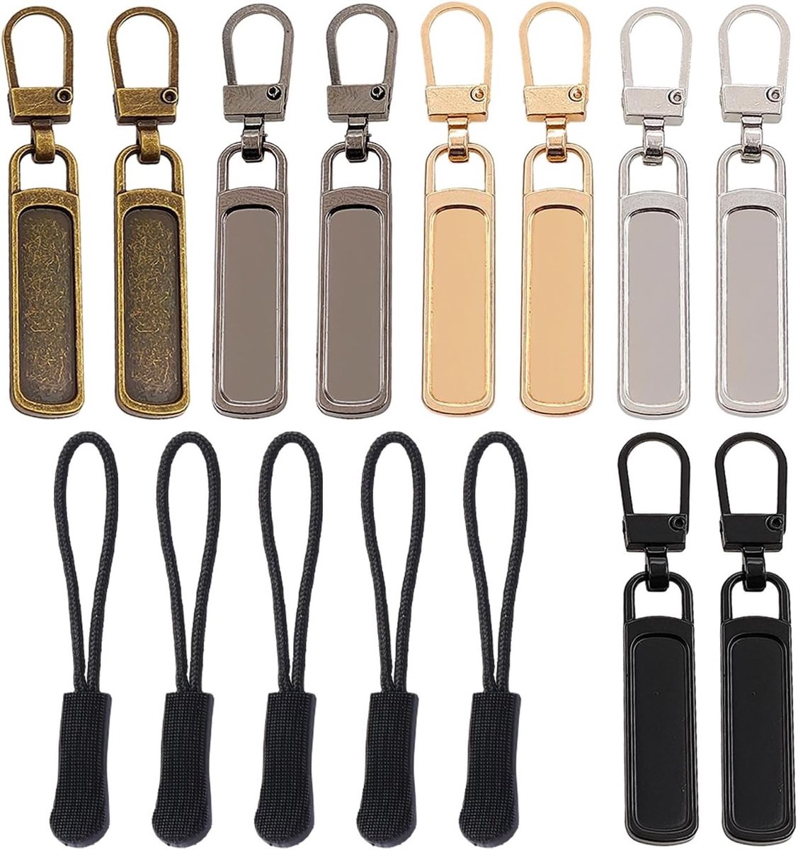10 metalen rits sliders met 5 PU rits trekkers, vervangbare ritsaccessoires en verwijderbare sliders voor naai-projecten.