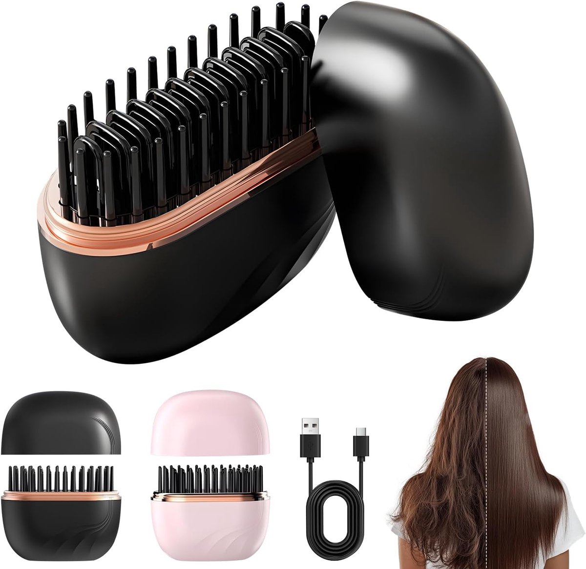 Mini-Stijltang - 1 Stuk - Draadloze Stijltang - Compact En Draagbaar - Met 3 Standen - Draagbare USB-Oplaadbare Stijltang - Mini - Warme Borstel - Haar En Verzorging - Geschikt Voor Thuis, Op Reis, Op Kantoor En Voor Dagelijks Gebruik - Zwart