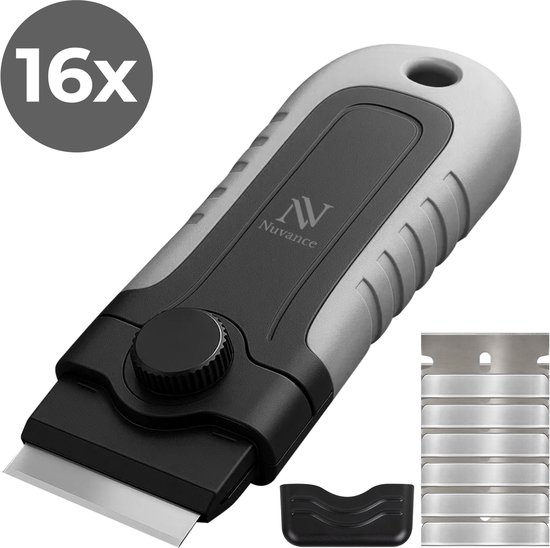 Nuvance Glasschraper - Incl 16 Mesjes - Kookplaat Reiniger - Glas & Verf Krabber - Inductie & Keramische Kookplaat - Grijs