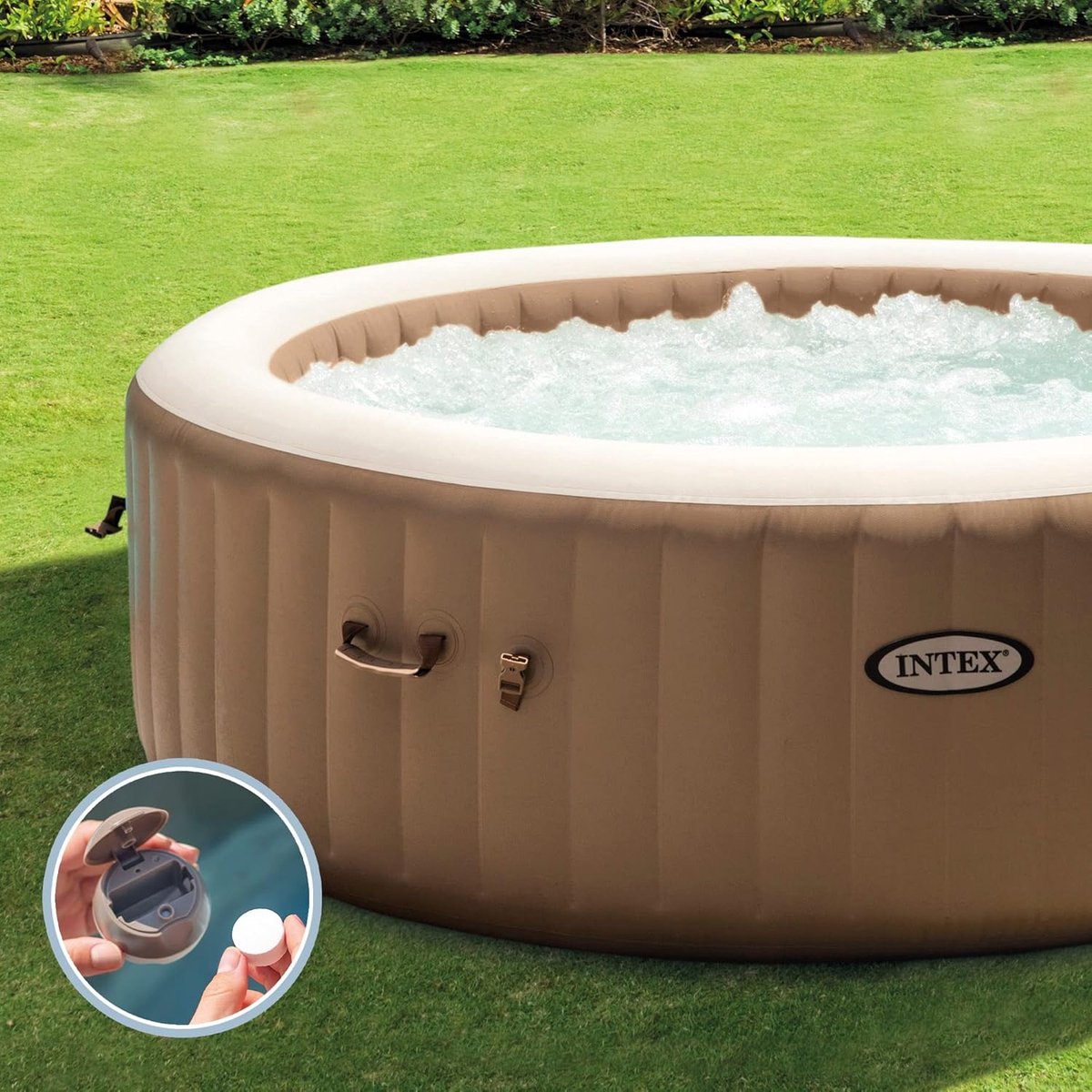 Opblaasbare Whirlpool Ø 196 x 71 cm – Jacuzzi voor 4 Personen met 120 Bubbeljets, Verwarming en Isolerende Cover – Luxe Spa Rond Beige – Urbanhome