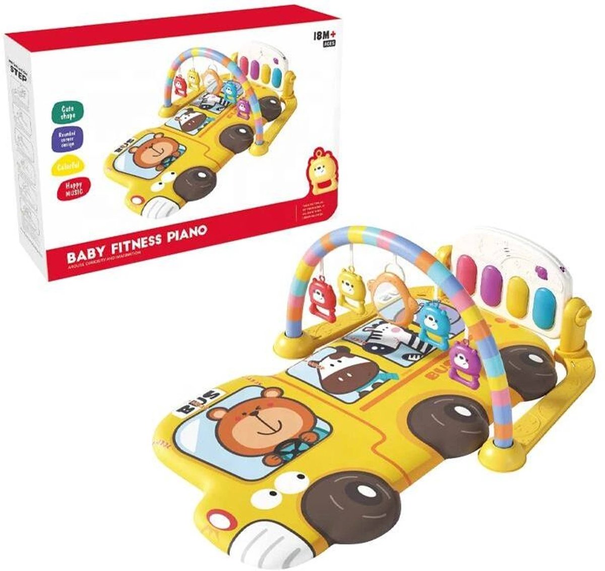 Babygym bus speelmat met speelboog en piano - activiteitencenter met meter en speelkleed
